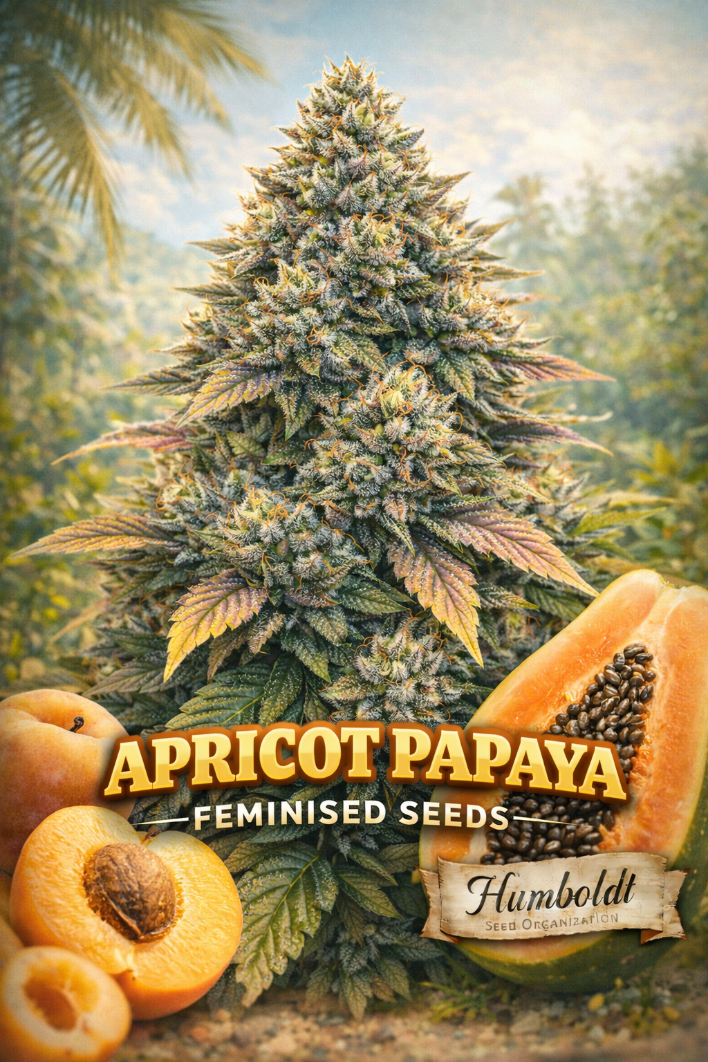 Hyper-realistic Apricot Papaya cannabis plant artwork with frosty orange-green buds, tropical summer background with palm trees, ripe apricots and papaya in the foreground, strain name ‘Apricot Papaya Feminised Seeds’ and Humboldt Seed Co. logo at bottom