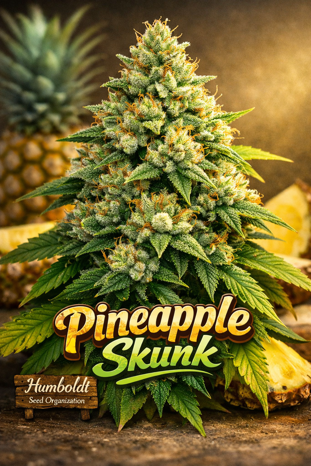 Hyper-realistic cannabis plant for Pineapple Skunk Feminised Seeds by Humboldt Seed Organization, featuring dense frosty buds, vibrant green fan leaves, and a tropical pineapple-themed background with bold strain name typography