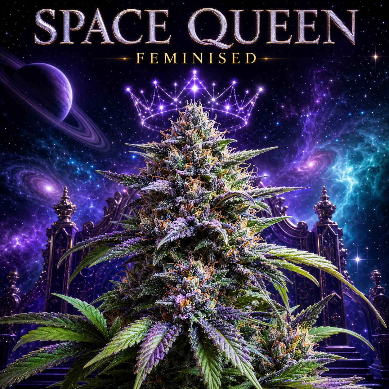 A stylized cosmic poster with the text 'SPACE QUEEN FEMINISED' above a large cannabis plant in front of a throne and starry space background with purple nebulae and a glowing crown.
