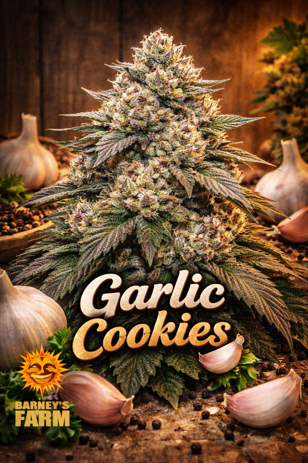 High-definition artistic collector’s image of a Garlic Cookies cannabis plant with chunky, resin-covered buds showing green, cream and subtle cookie-brown tones. The plant silhouette is distinct and heavily textured, set against a warm, moody background with soft haze. “Garlic Cookies” displayed prominently at the bottom in a unique, stylised font, with the Barney’s Farm logo placed subtly and smaller than the strain name. Fully UK-compliant promotional artwork with no grow equipment or cultivation elements