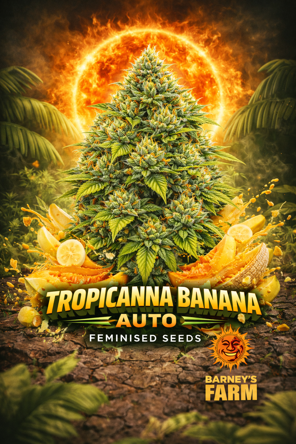 Tropicanna Banana cannabis artwork featuring a tall frosty multi-cola plant with orange pistils, surrounded by exploding banana and tropical fruit slices, glowing fiery sun halo in the background, lush jungle foliage, bold yellow Tropicanna Banana text at the bottom, and Barney’s Farm sun logo on the right