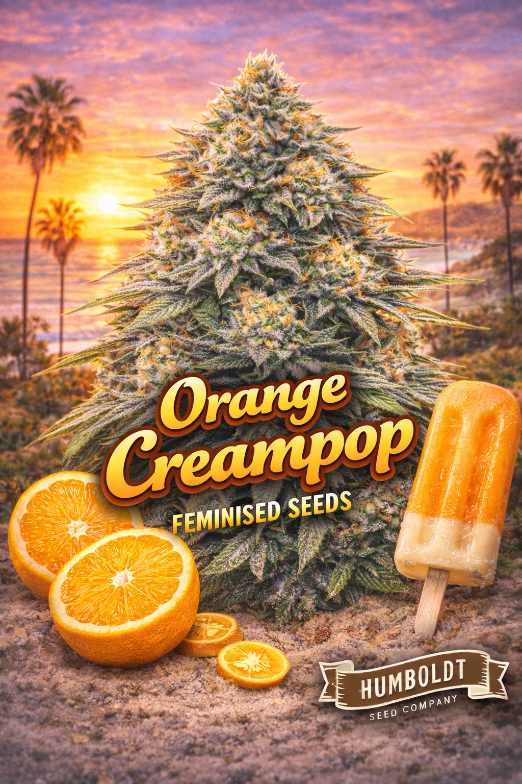 orange creampop feminised seeds image — hyper-realistic frosty cannabis plant with bright green and orange-tinted buds, creamy orange dessert theme with subtle orange swirl tones in the background, bold playful strain name text, humboldt seed co logo, uk-compliant promotional artwork for laughing leaf seeds