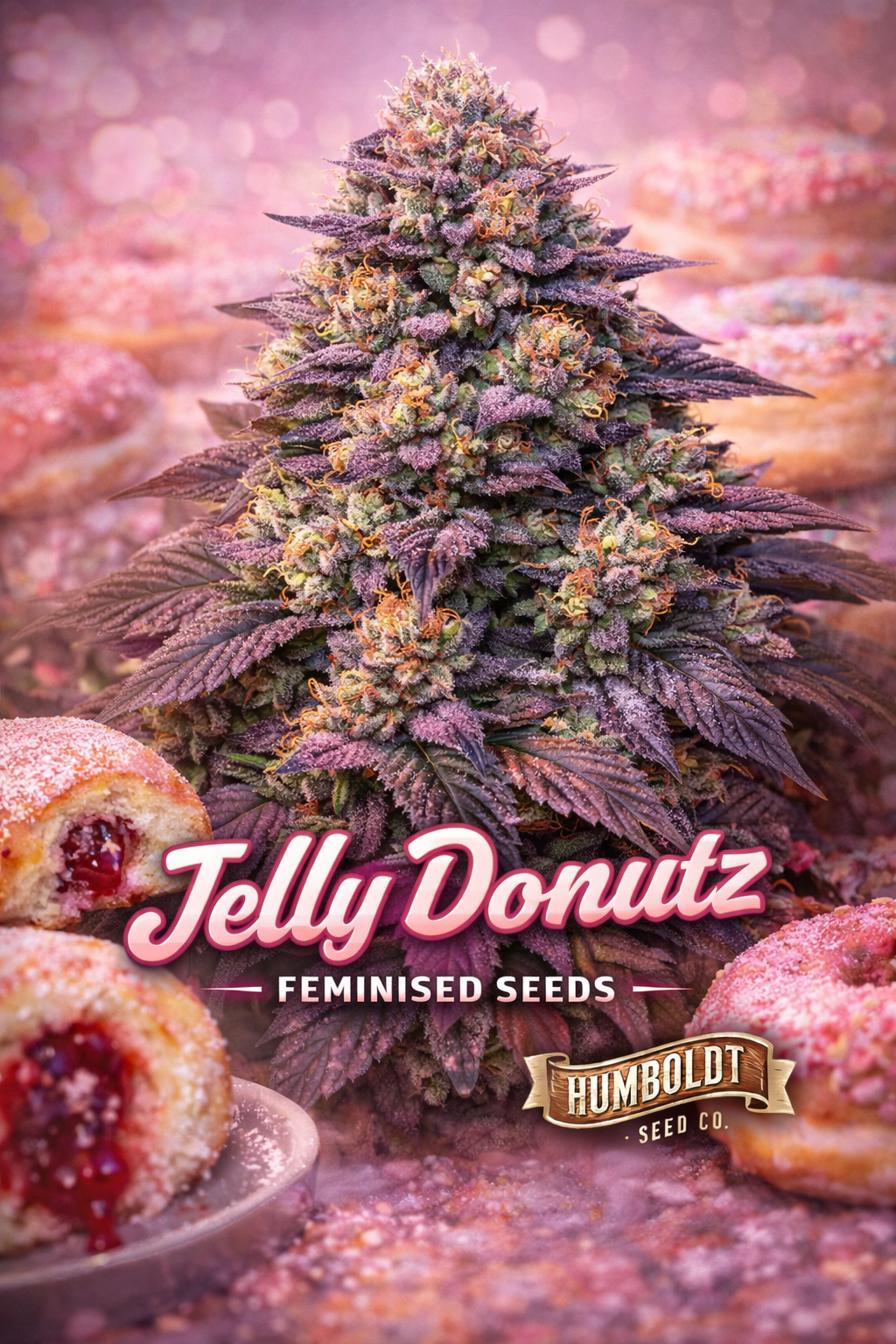 Jelly Donutz Feminised Seeds by Humboldt Seed Co – ultra-realistic cannabis plant with thick frosty buds in pink, purple and green tones, surrounded by subtle jelly-donut themed accents and soft sugary haze; bold Jelly Donutz text centred at the bottom with the Humboldt Seed Co logo placed beneath
