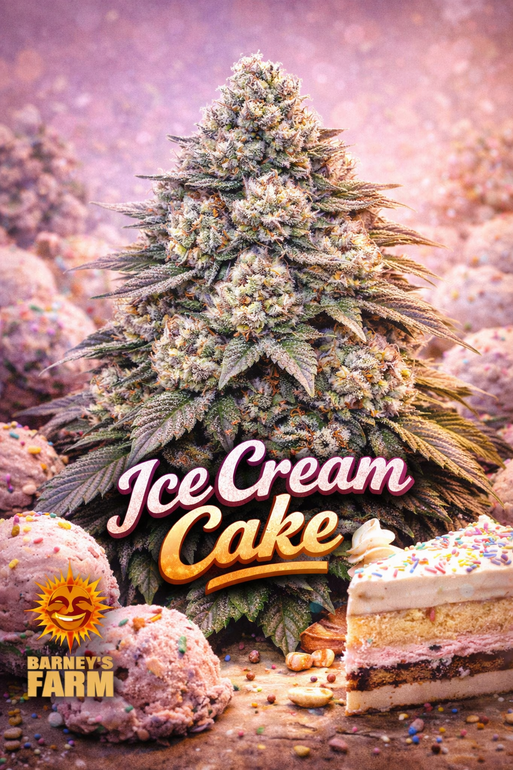High-definition collector’s artwork of an Ice Cream Cake cannabis plant with thick, frosty buds showing creamy white, purple and mint-green tones. The plant features a unique, heavily textured silhouette with dense branching and a dessert-themed colour palette. Background has a soft, pastel ice-cream ambience with a gentle glow. “Ice Cream Cake” is displayed clearly at the bottom in a stylised dessert-inspired font, with the Barney’s Farm logo placed subtly and smaller than the strain name. Fully UK-complia