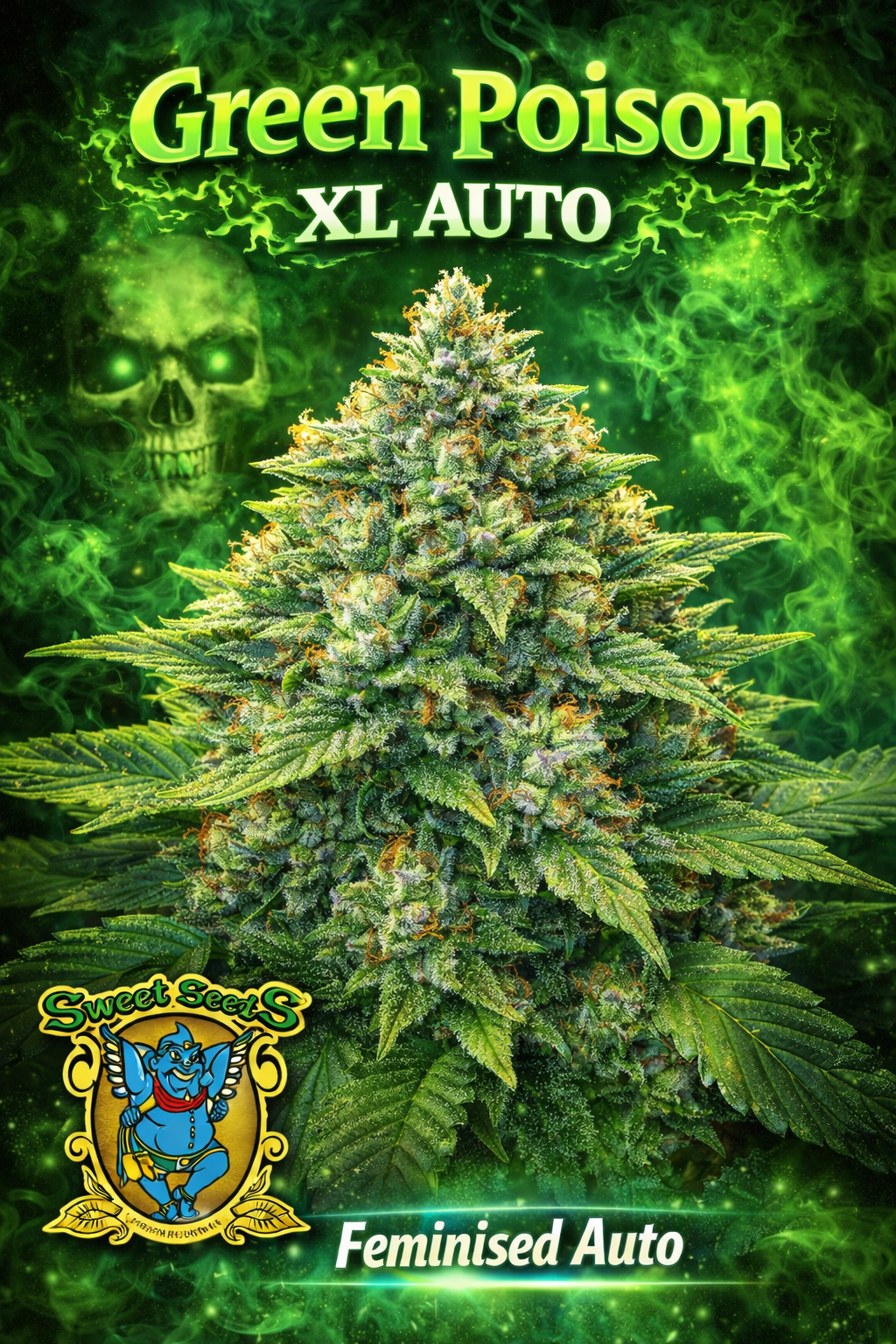 Hyper-realistic Green Poison XL Auto Feminised cannabis plant with an oversized bushy structure, thick resin-heavy buds, bright toxic-green colour tones, forest mist effects, and “Green Poison XL Auto – Feminised – Sweet Seeds” branding in a bold poison-themed layout.