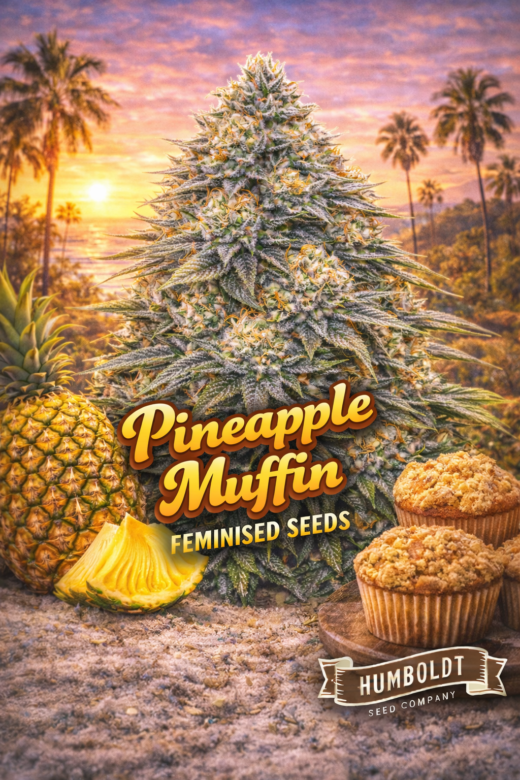 pineapple muffin feminised seeds image — hyper-realistic frosty cannabis plant with dense green and yellow-tinted buds, tropical sunset background, whole pineapple and sliced pineapple props, crumbly muffins matching the strain theme, bold warm strain name text, humboldt seed co logo, uk-compliant promotional artwork for laughing leaf seeds