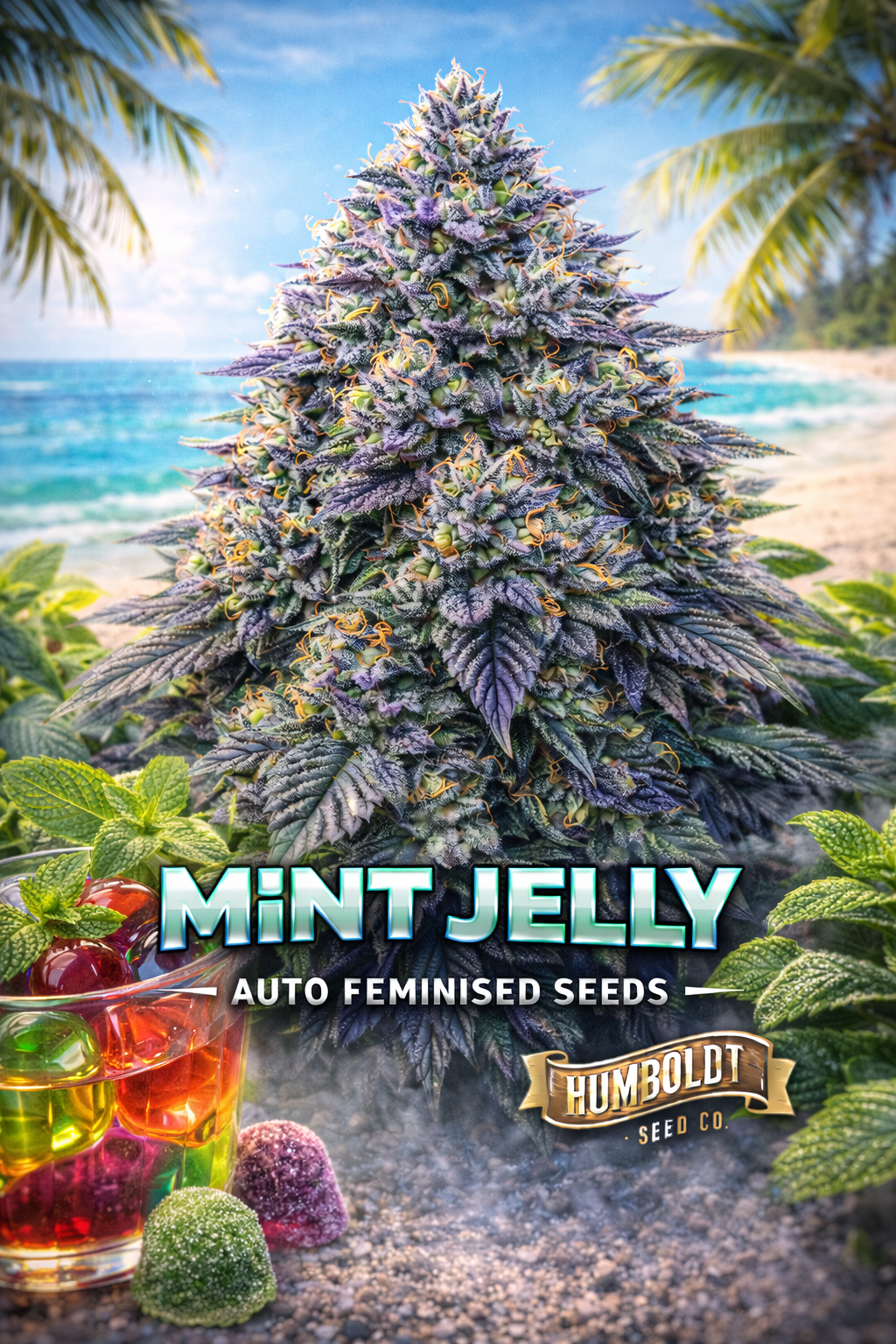 Mint Jelly Auto Feminised Seeds by Humboldt Seed Co – hyper-realistic purple-green frosty cannabis plant on a bright tropical beach, with mint leaves and colourful jelly sweets in a glass for a summer theme; bold MINT JELLY text at the bottom with the Humboldt Seed Co logo underneath