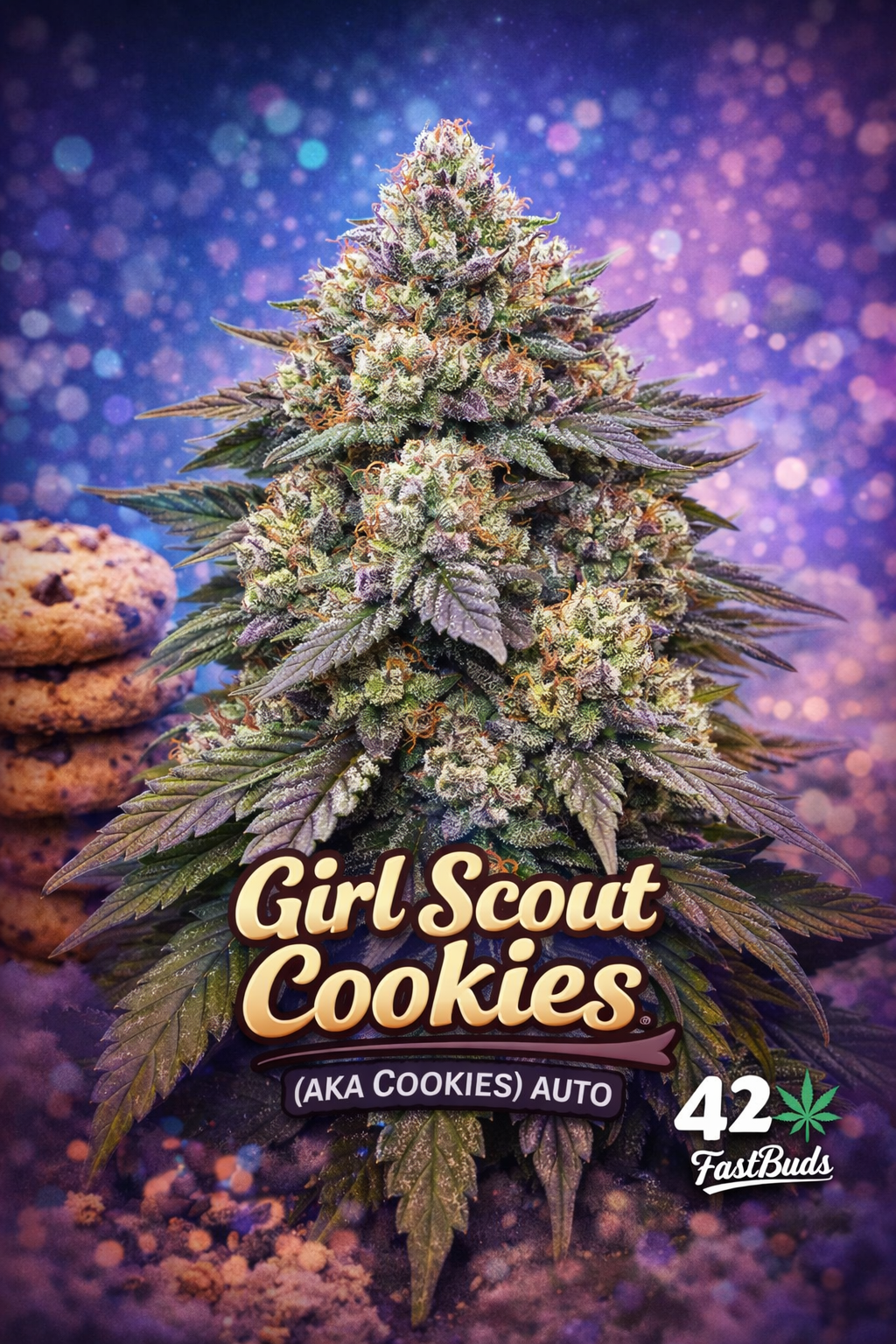 A hyper-detailed promotional image of the Girl Scout Cookies (aka Cookies) Auto cannabis plant, showing a chunky, frost-covered multi-cola structure with green, purple, and orange hues. A soft blue–purple bokeh background adds depth, with a subtle stack of cookies on the side as a strain cue. The strain name appears large and creamy at the bottom, with the Fast Buds logo placed smaller in the corner. UK-compliant artwork with no cultivation equipment shown.