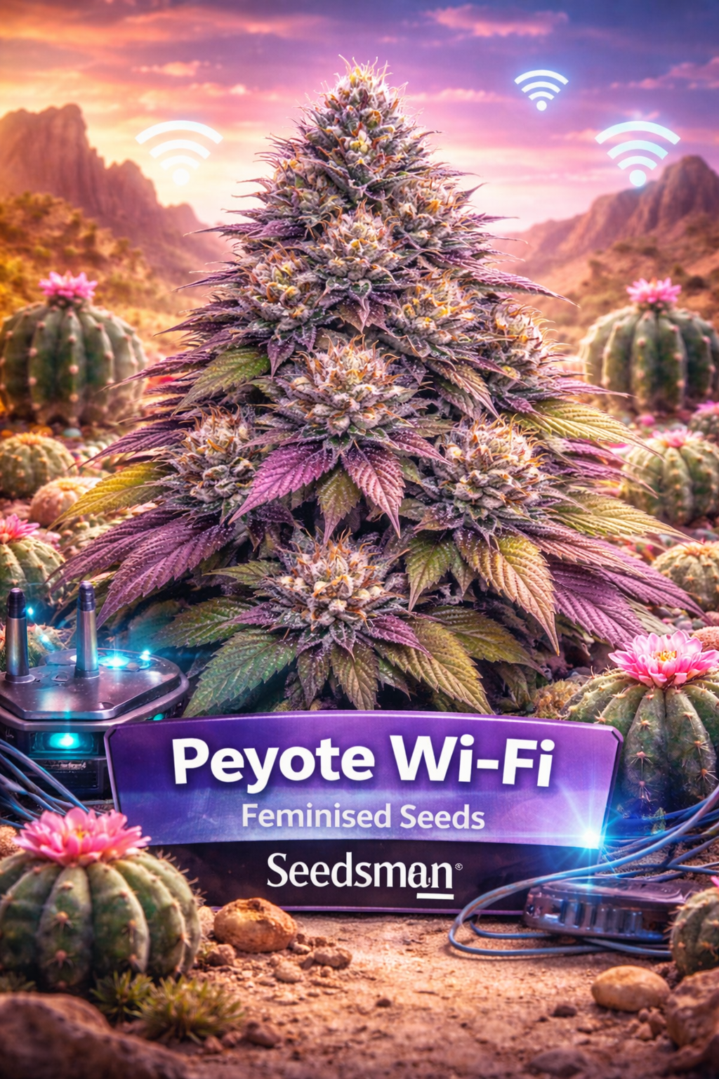 Peyote Wi-Fi Feminised cannabis plant by Seedsman, shown as a dense hybrid with purple and green foliage, heavy resin coverage and bright orange pistils, set in a desert scene with flowering peyote cacti, glowing Wi-Fi icons in the sky and networking equipment at the base, with a purple banner displaying the strain name and Seedsman branding.