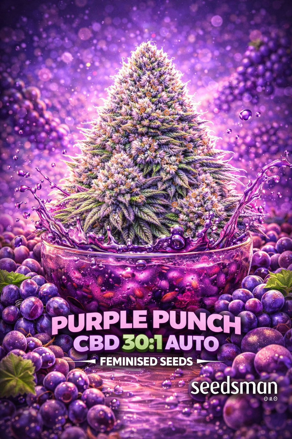 Hyper-realistic promotional image of a large frosty Purple Punch F1 Fast cannabis bud with deep purple and green hues, surrounded by ripe grapes splashing into a glowing purple punch bowl. The scene features a dreamy violet background with sparkling bokeh. Bold “Purple Punch F1 Fast Feminised Seeds” text appears at the bottom with the Seedsman logo.
