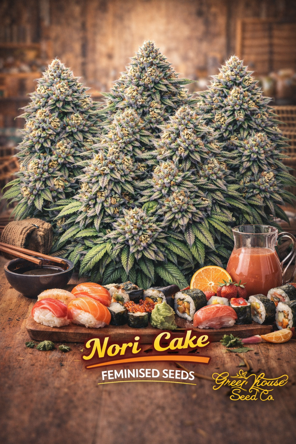 A realistic Nori Cake cannabis plant cluster surrounded by sushi, soy sauce, and fruit, with the strain name and Greenhouse Seed Co. logo visible.