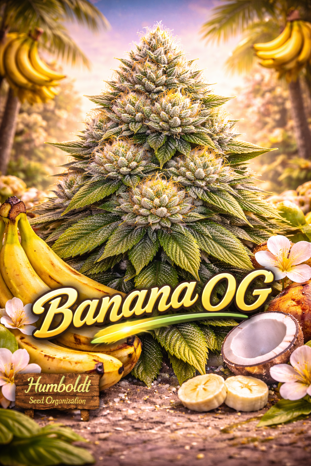 Hyper-realistic Banana OG Feminised Seeds artwork by Humboldt Seed Company, showing a dense frosty cannabis plant with tropical banana accents, bright golden lighting, coconut and flower details, and bold banana-themed strain name typography.