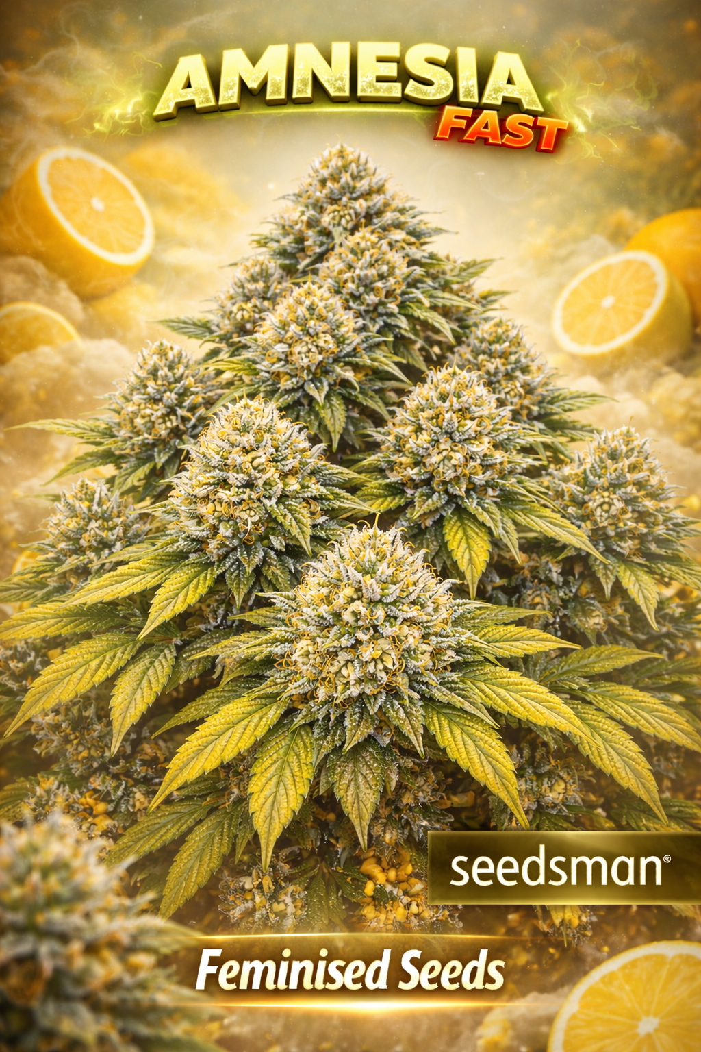 Hyper-realistic Amnesia Fast Feminised cannabis plant featuring multiple tall branching arms with dense lemon-coloured buds, frosty trichomes, citrus fruit background, and “Amnesia Fast – Feminised Seeds – Seedsman” branding.