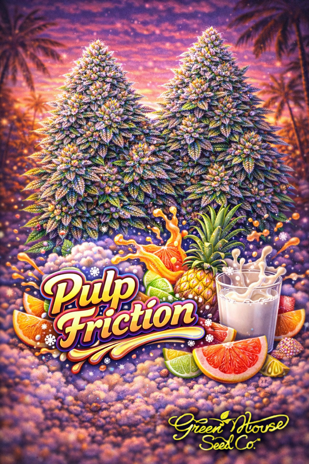 Hyper-realistic promotional artwork for Pulp Friction Feminised Seeds by Greenhouse Seed Co., featuring multiple dense cannabis plants with frosty green and purple tones set against a vibrant tropical sunset, with splashing citrus fruits, pineapple elements, bold strain text, and the Greenhouse Seed Co. logo.