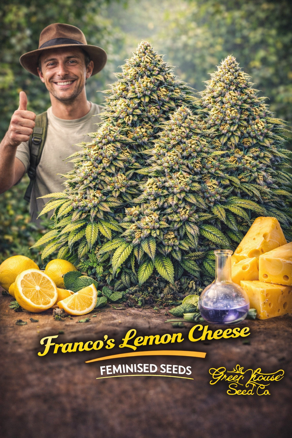 A realistic Franco’s Lemon Cheese cannabis plant cluster surrounded by lemons and cheese, with a smiling man giving a thumbs-up beside it and the Greenhouse Seed Co. logo visible.