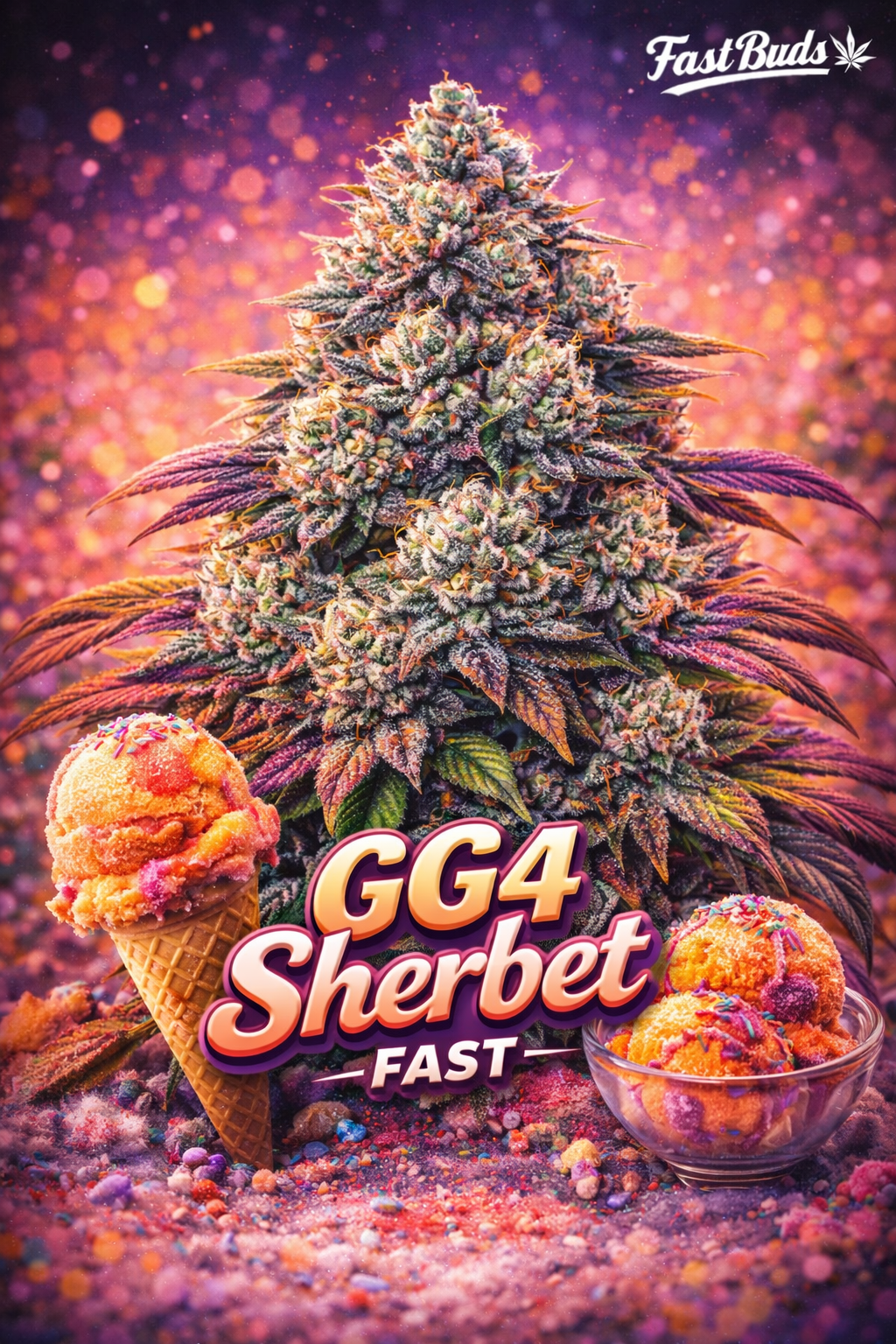 Hyper-realistic promotional artwork of the GG4 Sherbet FAST cannabis plant with frosty buds and vibrant purple, orange, and green tones, set against a glowing sherbet-coloured background, with sherbet ice cream props, bold strain name, and the Fast Buds logo.