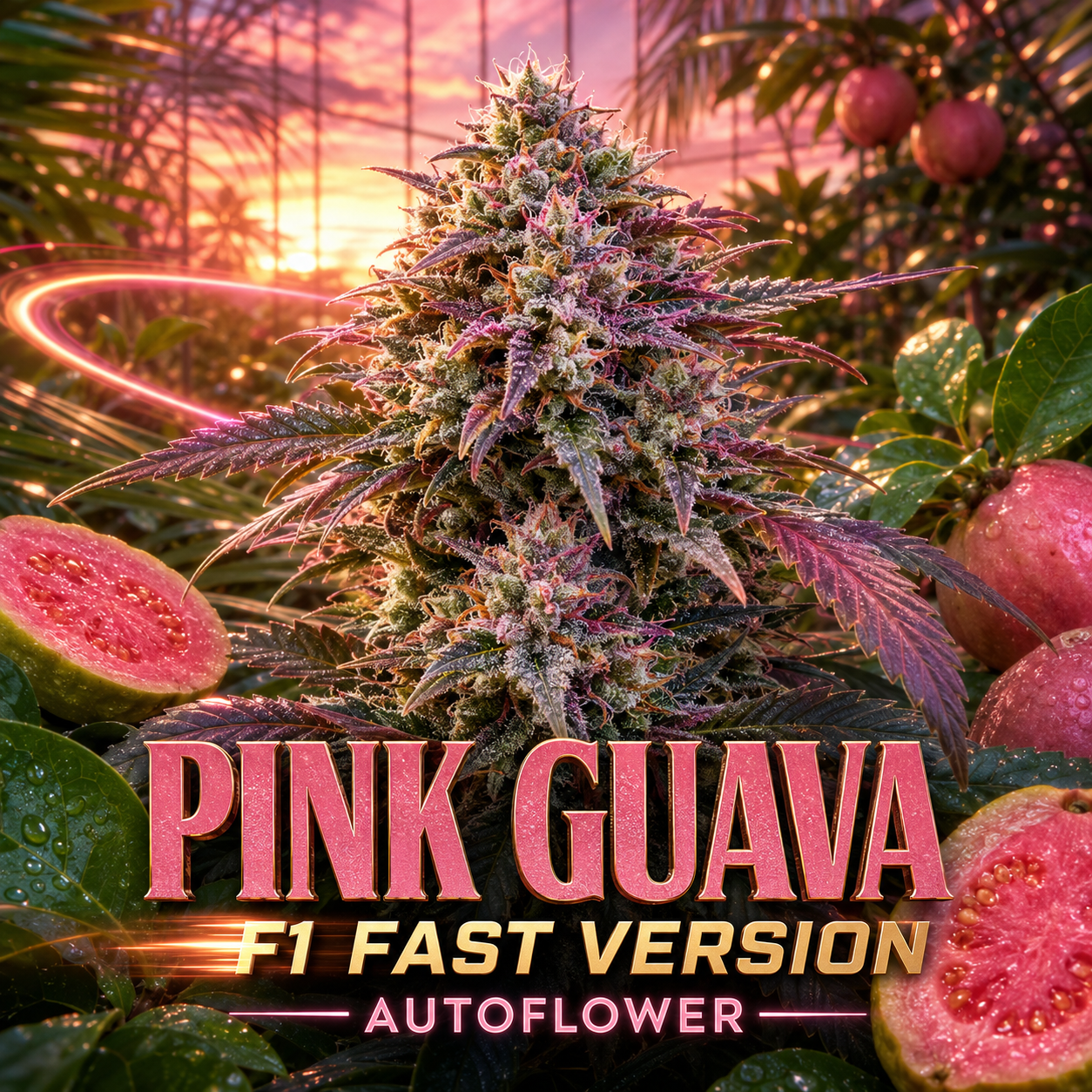 A large, highly detailed cannabis flower bud labeled 'PINK GUAVA F1 FAST VERSION AUTOFLOWER' is centered against a tropical sunset background with guava fruit and leaves.