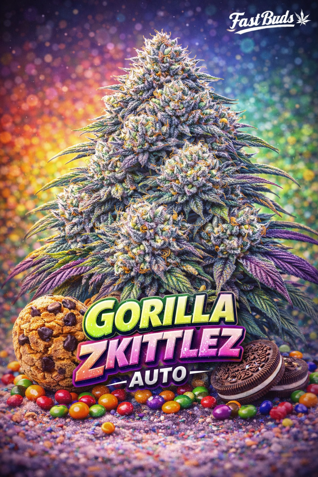 Hyper-realistic promotional artwork of the Gorilla Zkittlez Auto cannabis plant with dense frosty buds in green, purple, and orange hues, set against a rainbow gradient background, surrounded by colourful candy pieces, bold strain name, and the Fast Buds logo.
