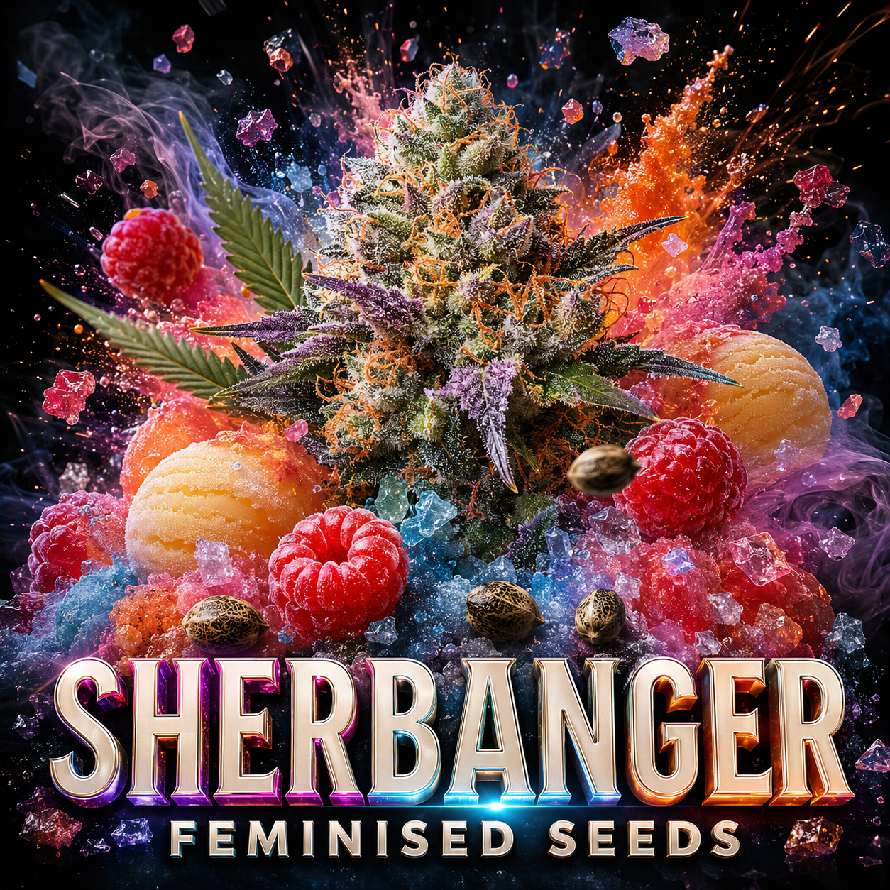 Promotional graphic for 'Sherbanger Feminised Seeds' featuring a large cannabis bud surrounded by raspberries, orange fruits, and colorful powder effects on a black background, with the text 'SHERBANGER FEMINISED SEEDS' at the bottom.