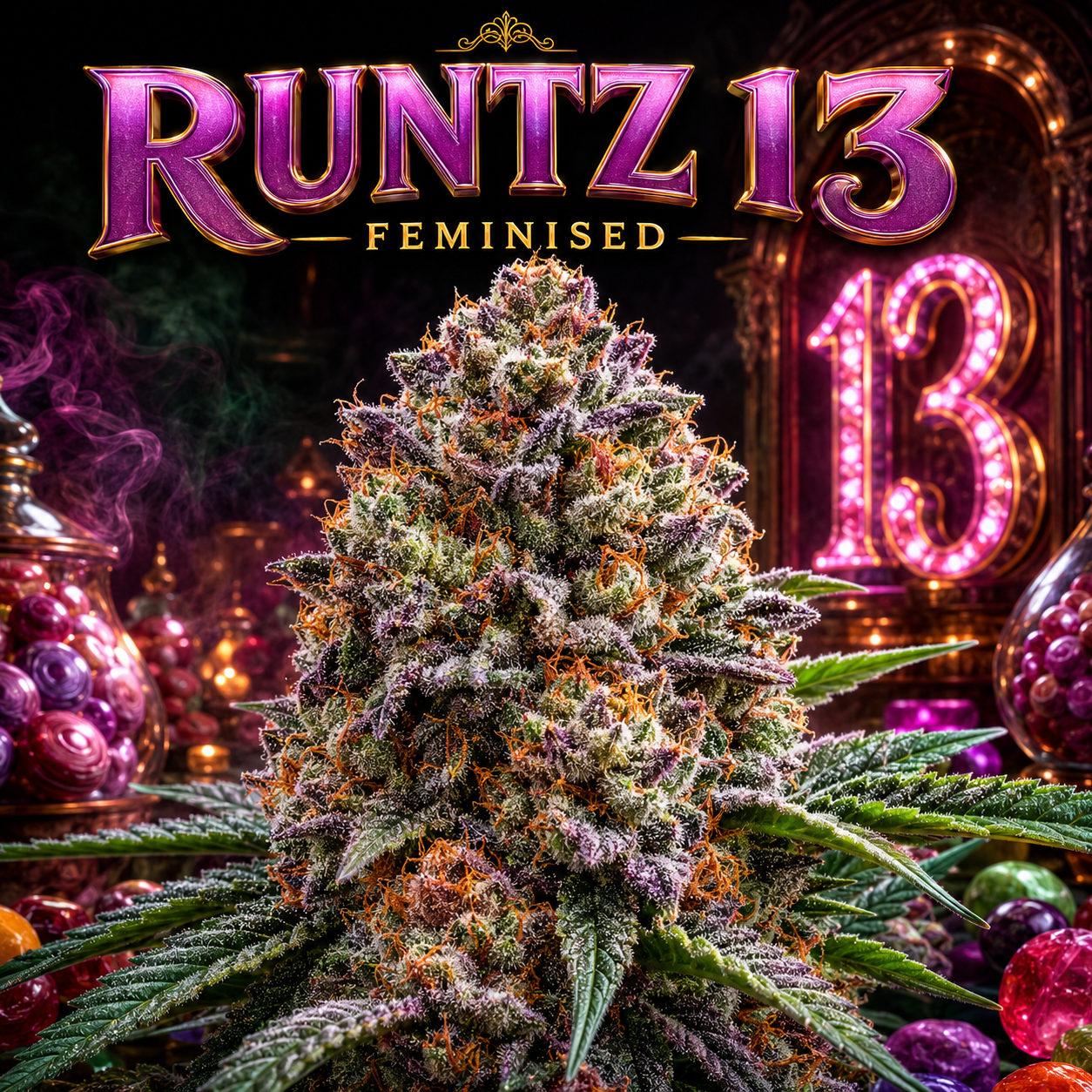 A large, frosty cannabis bud centered in a stylized, colorful composition with the text 'RUNTZ 13 FEMINISED' at the top and neon-style '13' signage in the background.