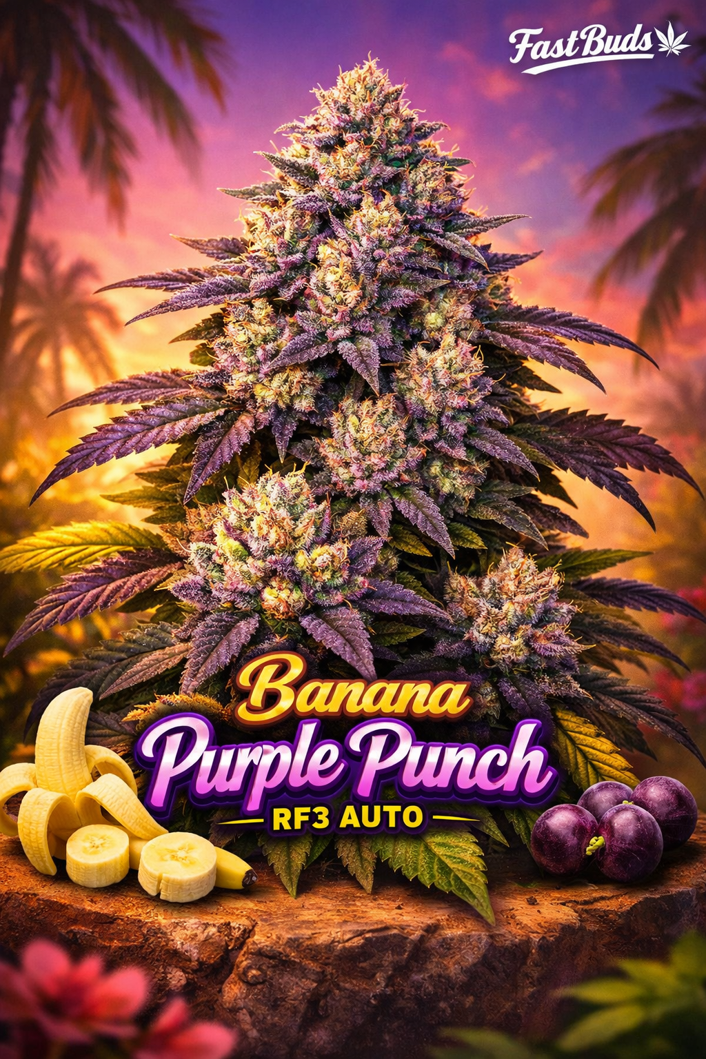 Hyper-realistic promotional artwork of a unique Banana Purple Punch RF3 Auto cannabis plant with vibrant purple and yellow tones, dense frosty buds, tropical sunset background, sliced banana and grape props, and the Fast Buds logo displayed above the strain name.