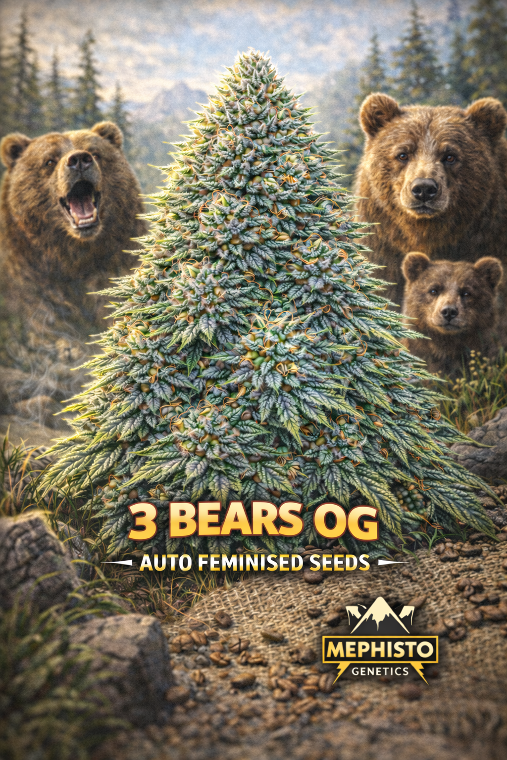 3 Bears OG Auto Feminised Seeds by Mephisto Genetics – hyper-realistic frosty OG cannabis plant surrounded by three brown bears in a misty forest setting; bold 3 BEARS OG text at the bottom with the Mephisto Genetics logo underneath