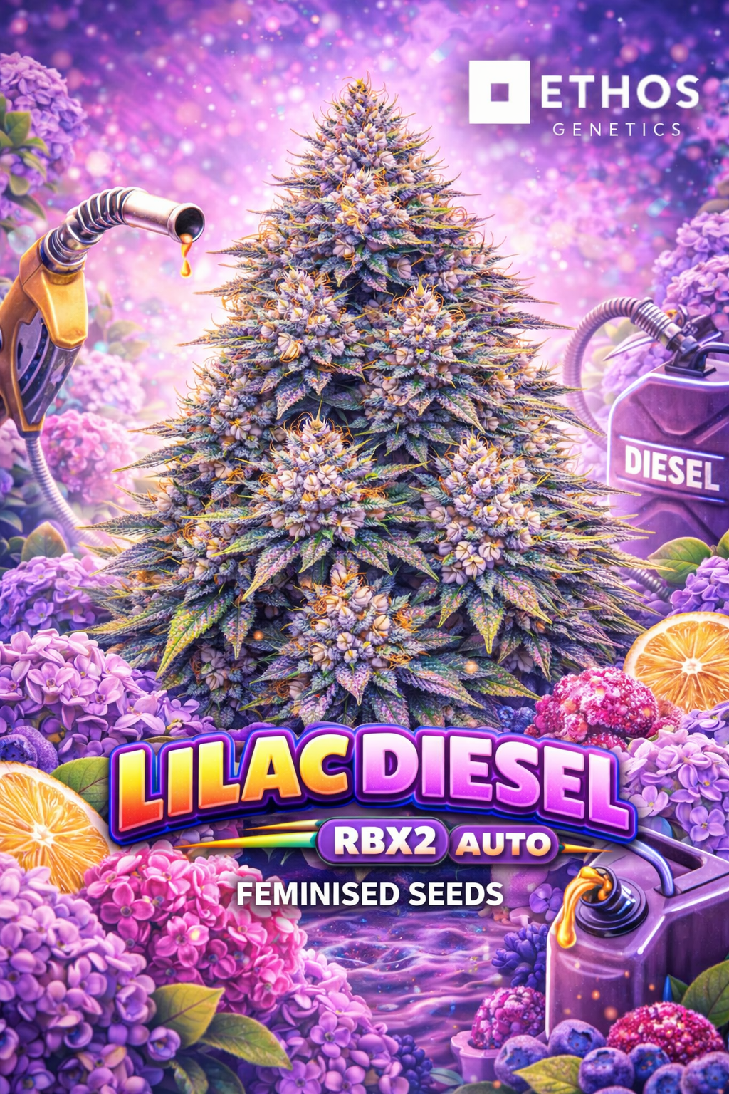 Promotional artwork for Lilac Diesel RBX2 Auto Feminised Seeds by Ethos Genetics, showing a uniquely structured cannabis plant silhouette surrounded by lilac flowers and stylised diesel-themed props, set against a purple glowing background with bold strain text and the Ethos Genetics logo displayed.