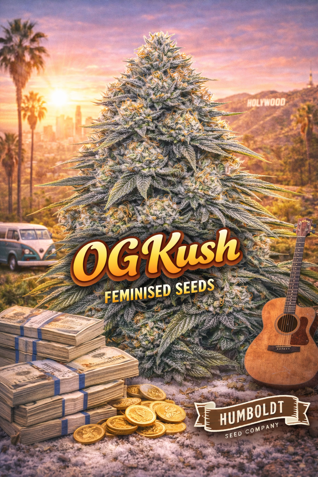 og kush feminised seeds image — hyper-realistic frosty cannabis plant with dense green buds, warm sunset background, earthy colour palette, bold og kush strain name text, humboldt seed co logo, uk-compliant promotional artwork for laughing leaf seeds