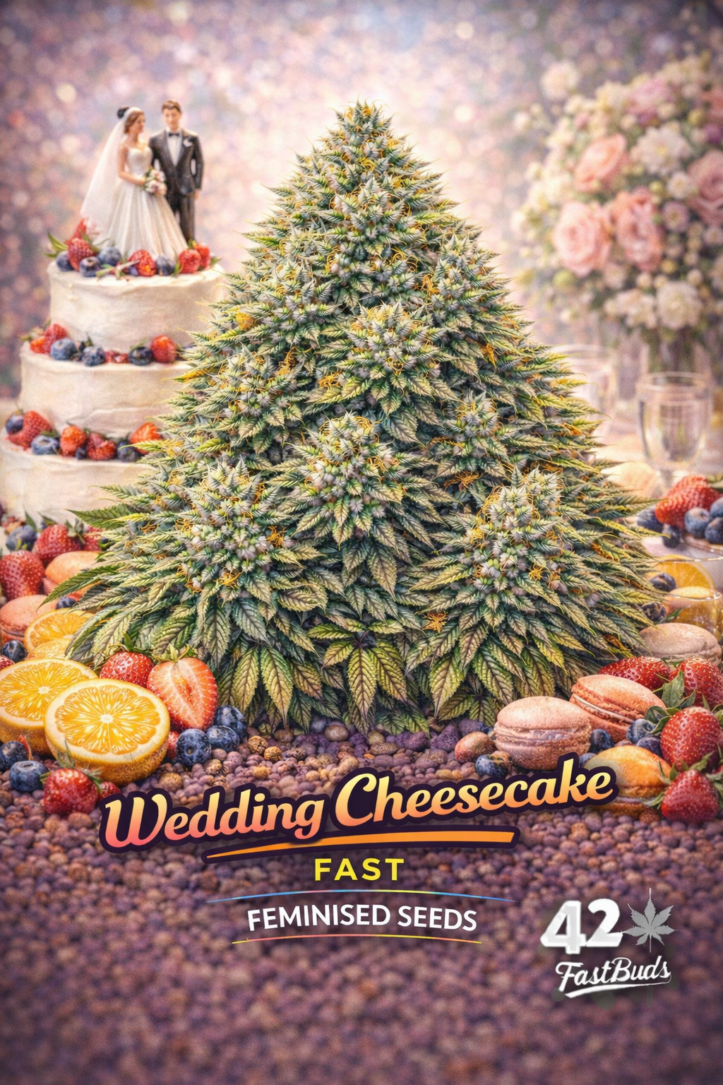 A frosty Wedding Cheesecake FAST cannabis plant surrounded by wedding cake, fruit, and macarons, with the strain name and Fast Buds logo visible.