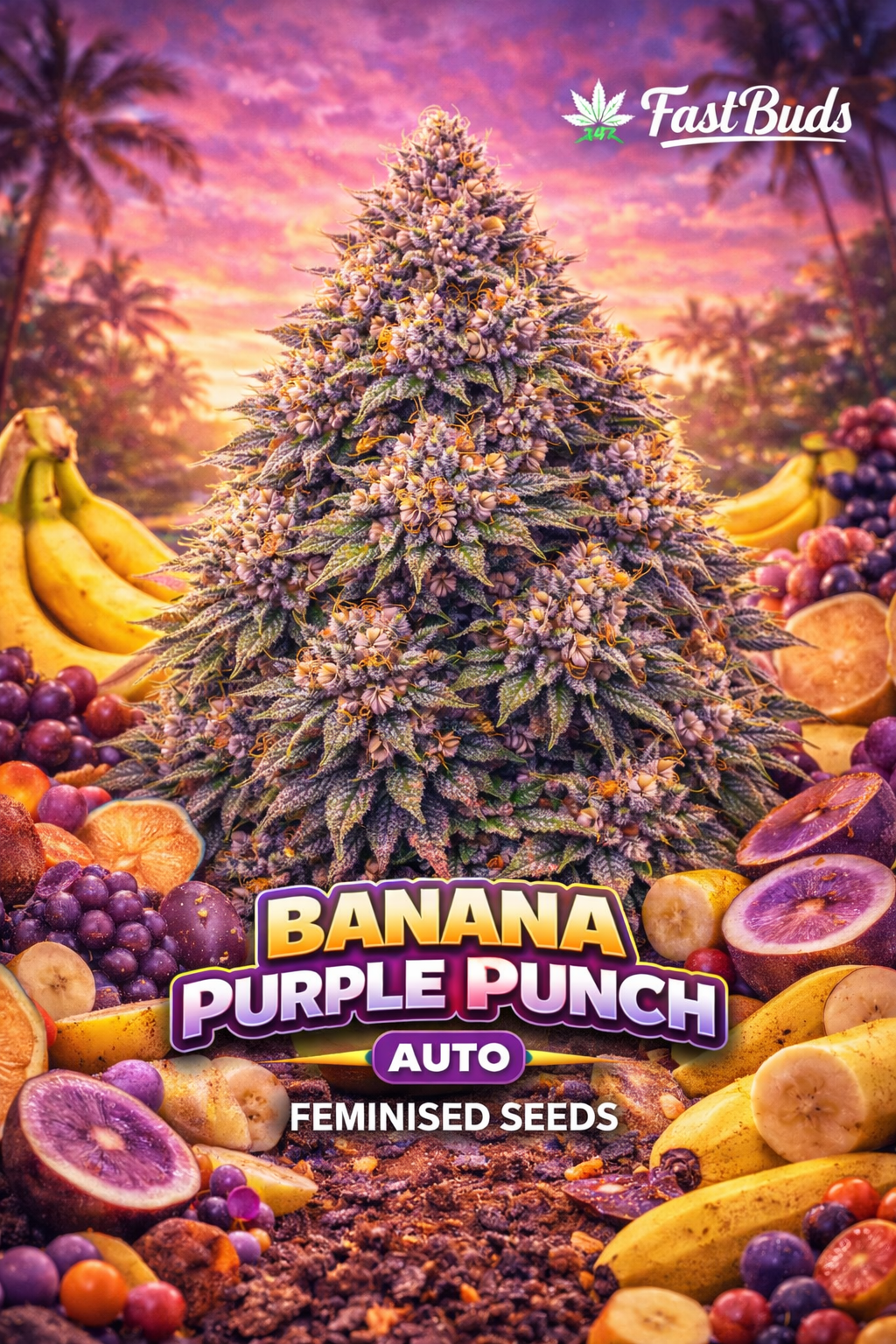 Hyper-realistic promotional artwork for Banana Purple Punch Auto Feminised Seeds by Fast Buds, featuring a dense purple-toned cannabis plant silhouette surrounded by tropical banana and fruit visuals at sunset, with bold strain text and the Fast Buds logo displayed.