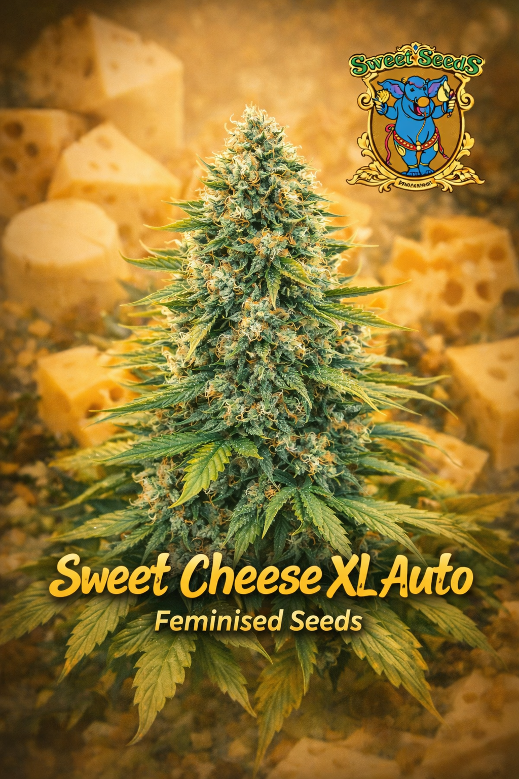Sweet Cheese XL Auto cannabis plant promotional artwork with dense frosty buds, cheese-themed golden background, Sweet Seeds logo, and bold strain name displayed at the bottom