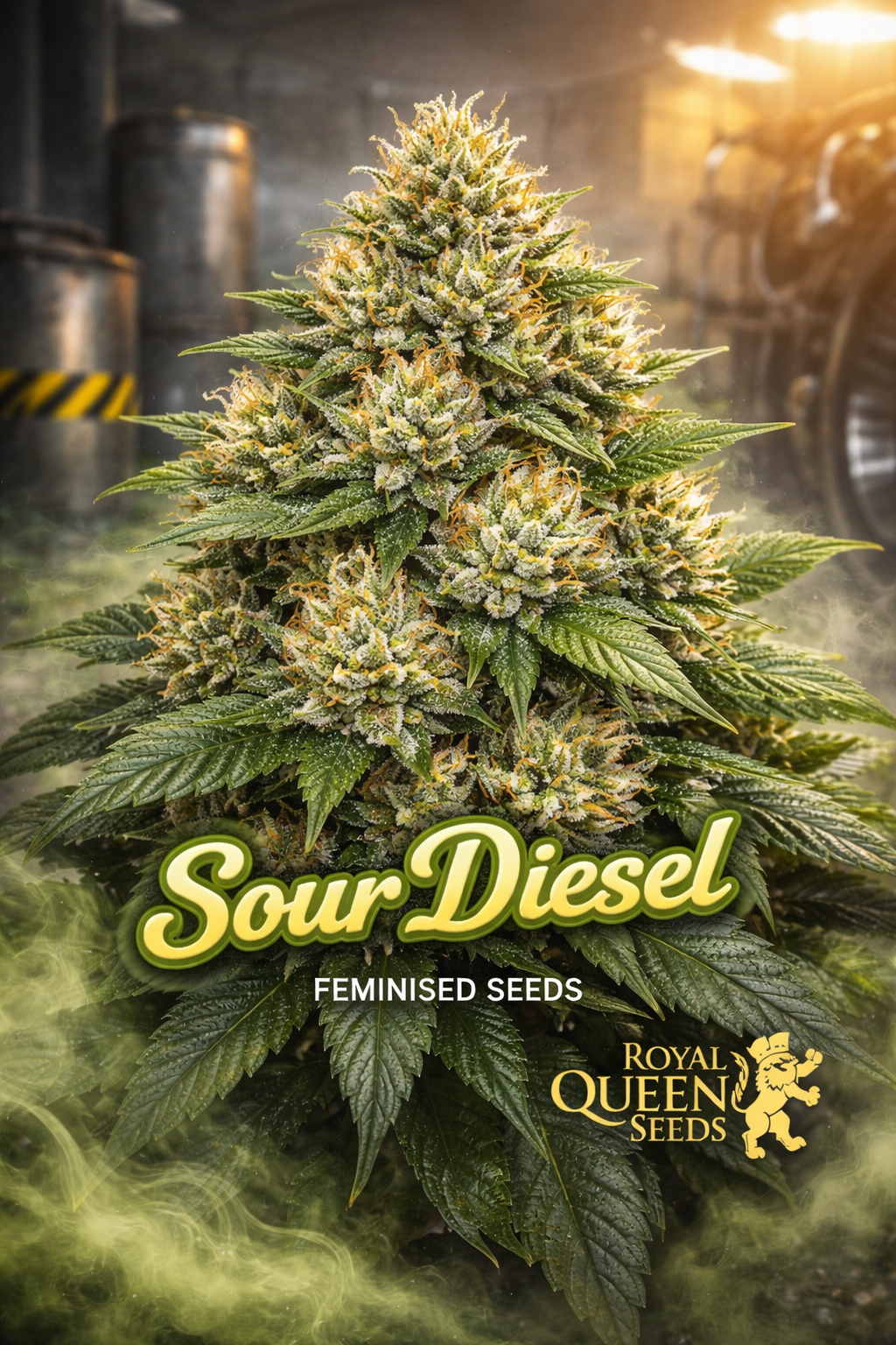 Sour Diesel cannabis plant with dense frosty green buds and bright orange pistils, framed by dark green leaves, set against an industrial-style background with metal barrels and soft yellow haze, featuring the Sour Diesel strain name in bold lettering and the Royal Queen Seeds logo.