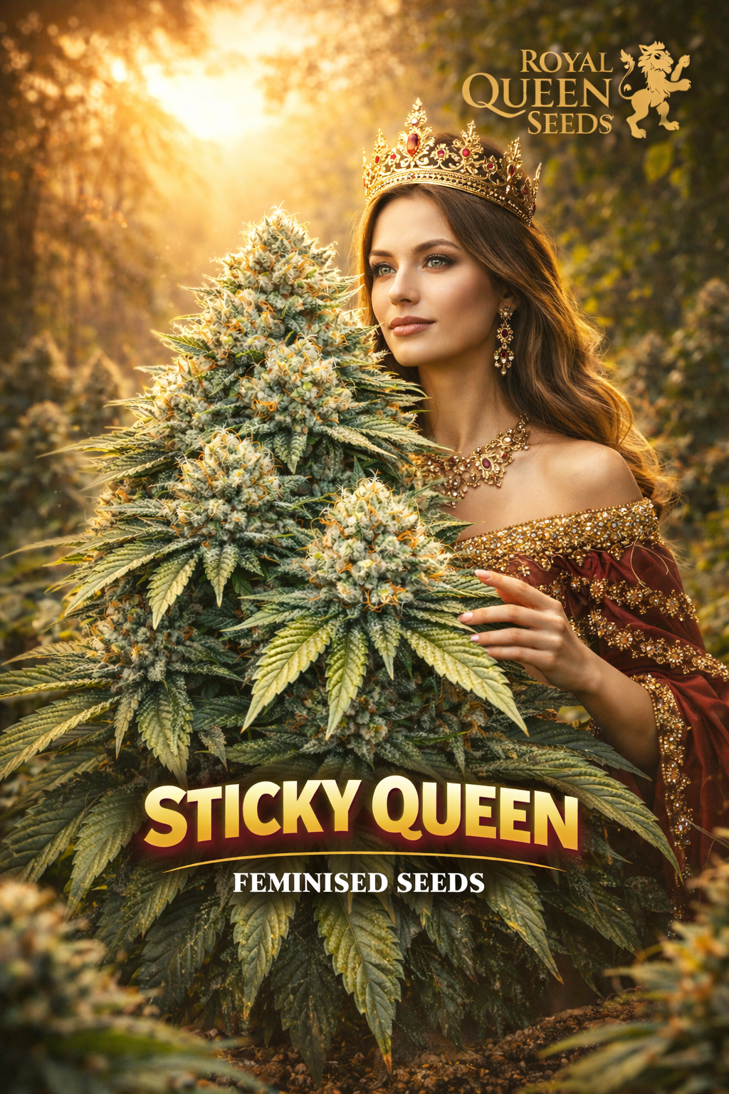 sticky queen feminised cannabis plant with dense frosty buds beside a beautiful regal woman wearing a jeweled crown and ornate gown in a warm golden forest background featuring the royal queen seeds logo