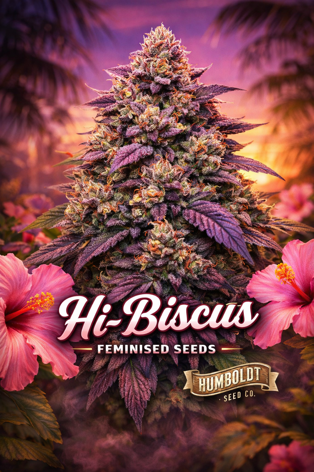 Hi-Biscus Feminised Seeds by Humboldt Seed Co – hyper-realistic purple-pink cannabis plant with dense frosty buds and orange pistils, surrounded by vibrant hibiscus flowers, set against a warm tropical sunset background; bold Hi-Biscus script centred at the bottom with the Humboldt Seed Co logo underneath