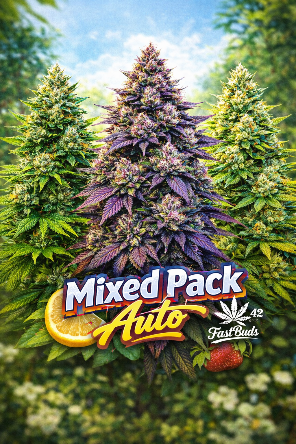 High-definition promotional artwork for Fastbuds Mixed Pack Auto Feminised Seeds, featuring three distinctly different cannabis plant silhouettes in varying colours and structures against a soft outdoor backdrop, with bold Mixed Pack Auto text and the Fast Buds logo displayed tastefully at the bottom.