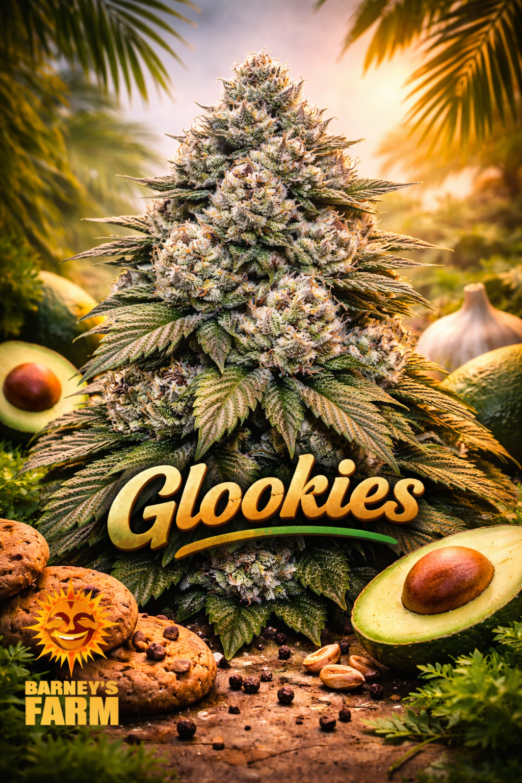High-definition promotional artwork of a Glookies cannabis plant with chunky, resinous buds showing green, chocolate-brown and cookie-like tones. The plant silhouette is distinct and heavily textured, set against a moody, stylised background with a soft glow. “Glookies” displayed clearly at the bottom in a unique, bold font, with the Barney’s Farm logo placed subtly and smaller than the strain name. Fully UK-compliant collector’s artwork with no cultivation equipment or grow-room elements