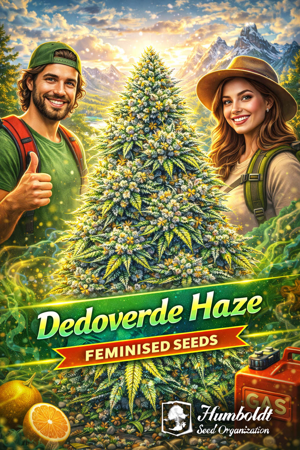 Dedoverde Haze Feminised cannabis plant with frosty yellow-green buds, set against a vibrant mountain landscape with two smiling hikers, glowing sunlight, and bold strain branding alongside the Humboldt Seed Organization logo.