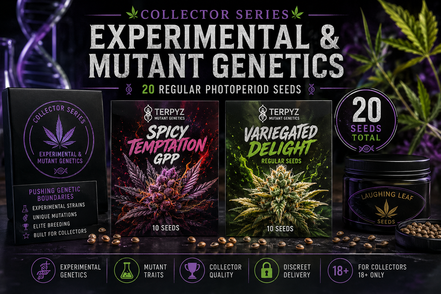 Promotional graphic for a seed collection set titled 'Experimental & Mutant Genetics' by Terpyz Seeds. The image shows three seed packet designs with cannabis-themed artwork, a black jar labeled 'Laughing Leaf Seeds,' scattered coffee beans, and a dark purple background with cannabis leaves and glowing purple effects.