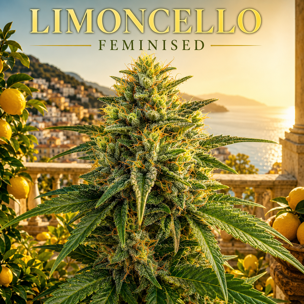 A large, detailed cannabis plant in the foreground with green and yellow tones, set against a scenic Mediterranean coastal background at sunset with lemon trees and the text 'LIMONCELLO FEMINISED' at the top.
