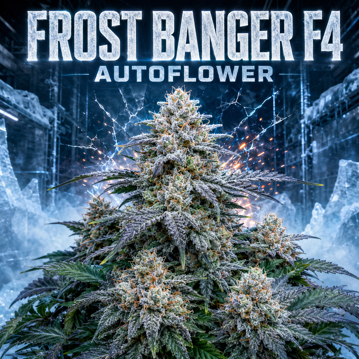 A large frost-covered cannabis plant centered against a icy blue industrial backdrop, with bold text reading 'FROST BANGER F4' and 'AUTOFLOWER' across the top.