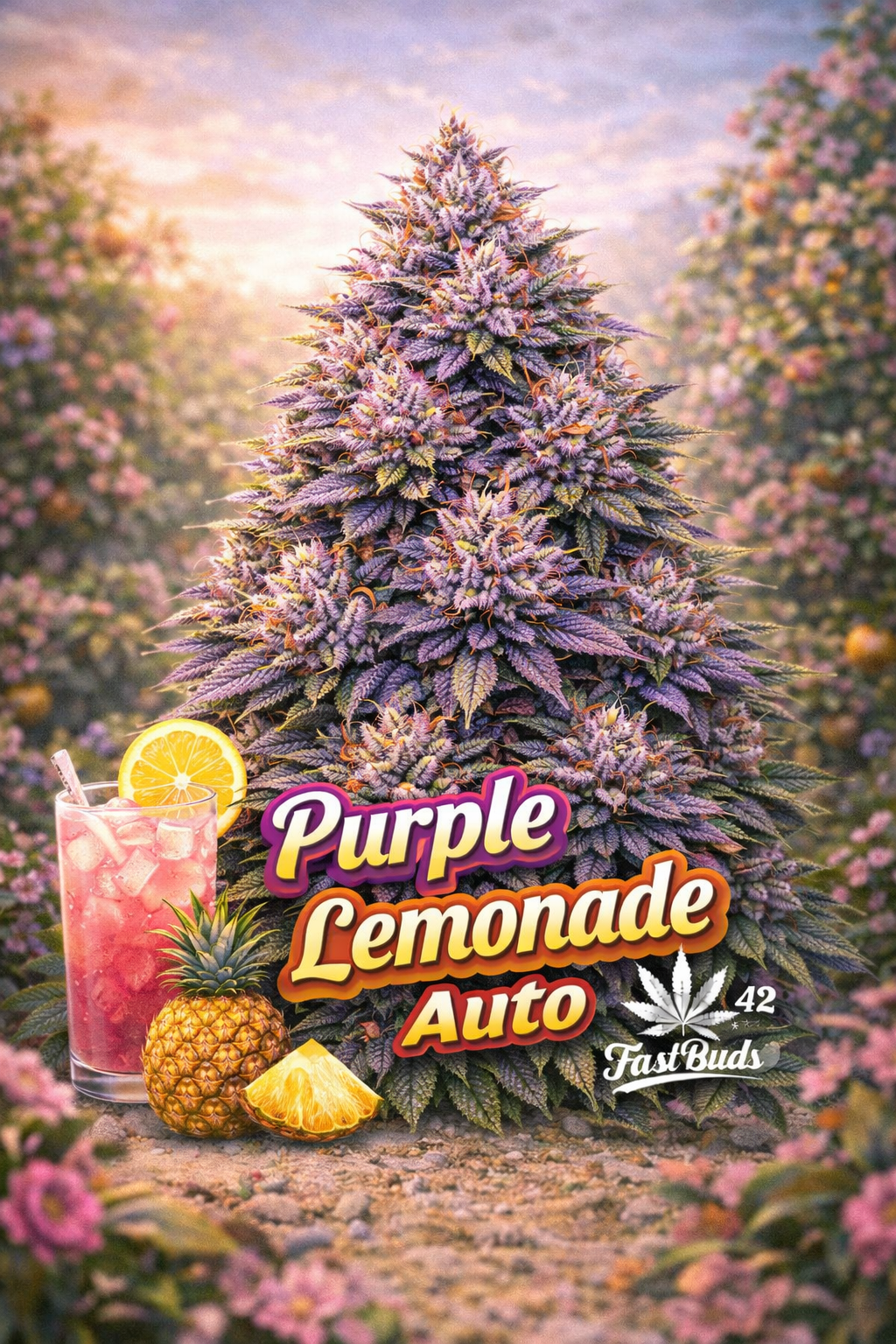 Hyper-realistic promotional artwork for Purple Lemonade Auto Feminised Seeds by Fast Buds, featuring a vibrant purple cannabis plant with frosty buds and orange pistils in a soft floral garden setting, with a glass of pink lemonade and lemon slices, bold strain text, and the Fast Buds logo at the bottom.