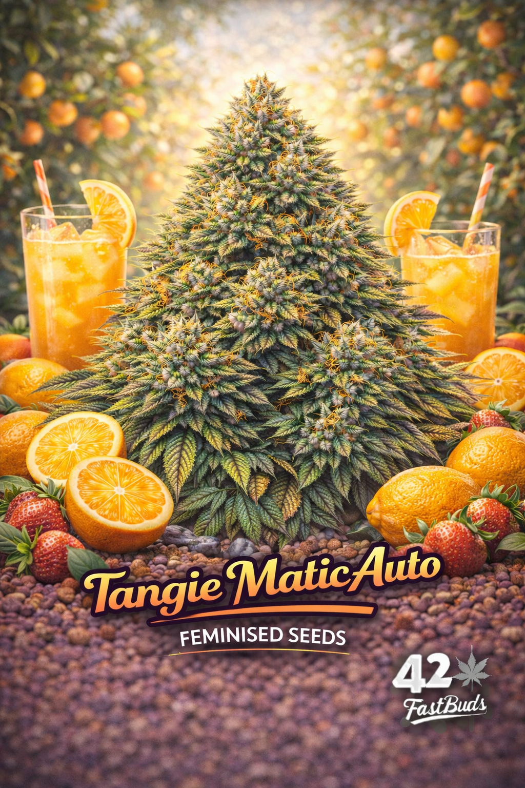 A dense Tangie ’Matic Auto cannabis plant with bright citrus tones, surrounded by oranges and orange drinks, with the strain name and Fast Buds logo visible.