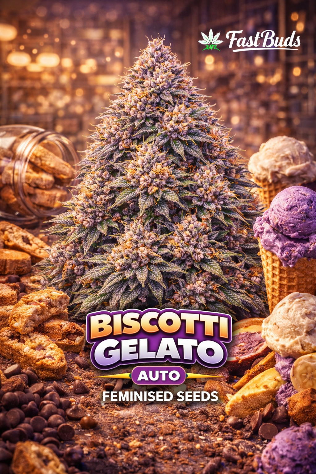 Hyper-realistic promotional artwork for Biscotti Gelato Auto Feminised Seeds by Fast Buds, featuring a dense cannabis plant silhouette surrounded by biscotti pieces, chocolate chips and scoops of gelato, set in a warm dessert-themed scene with bold strain text and the Fast Buds logo displayed.