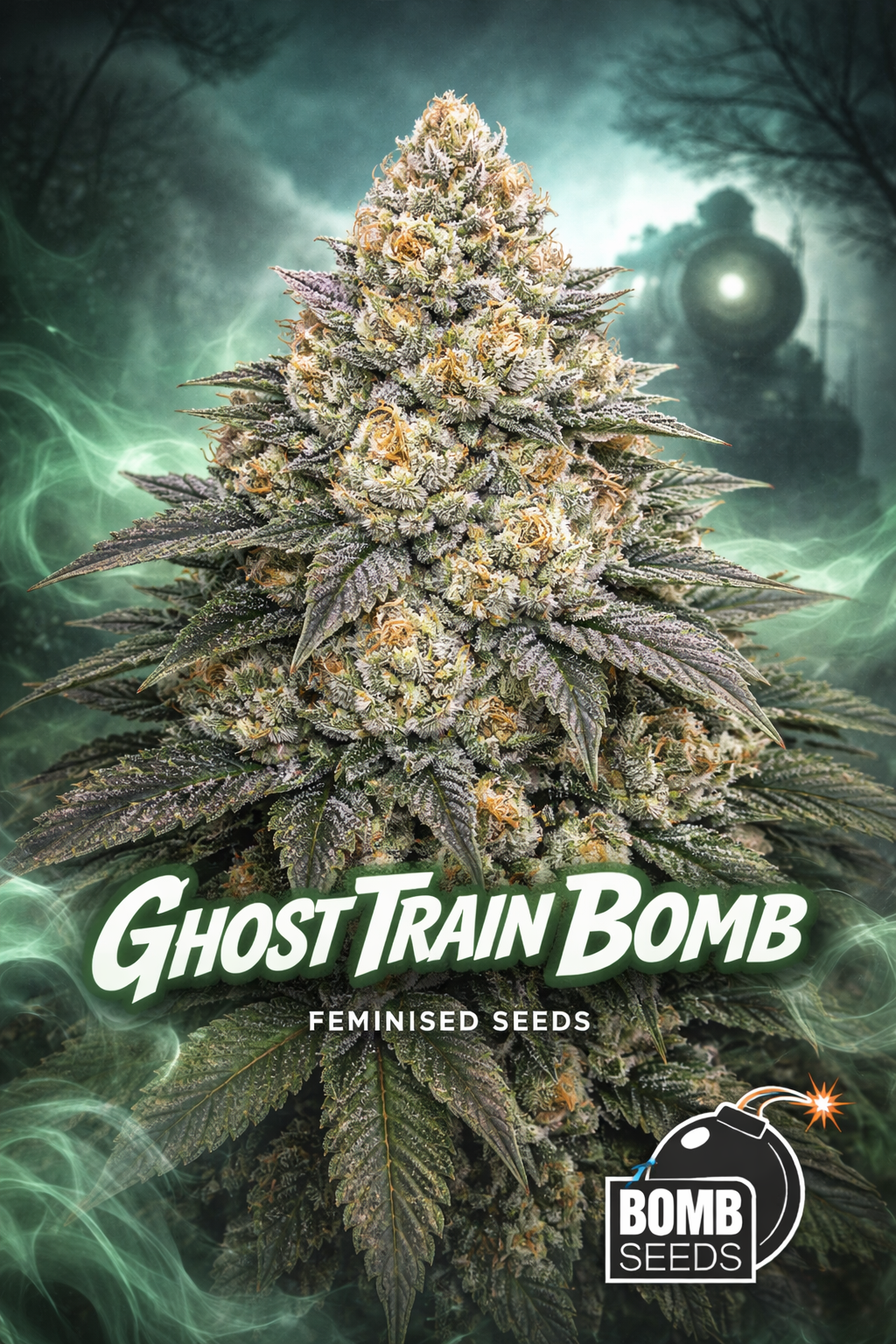 Ghost Train Bomb cannabis plant artwork featuring a dense, frosty, multi-coloured bud structure with orange pistils, set against a misty green background with a ghostly train silhouette. Large “Ghost Train Bomb Feminised Seeds” text appears at the bottom, with the Bomb Seeds logo positioned in the lower right corn