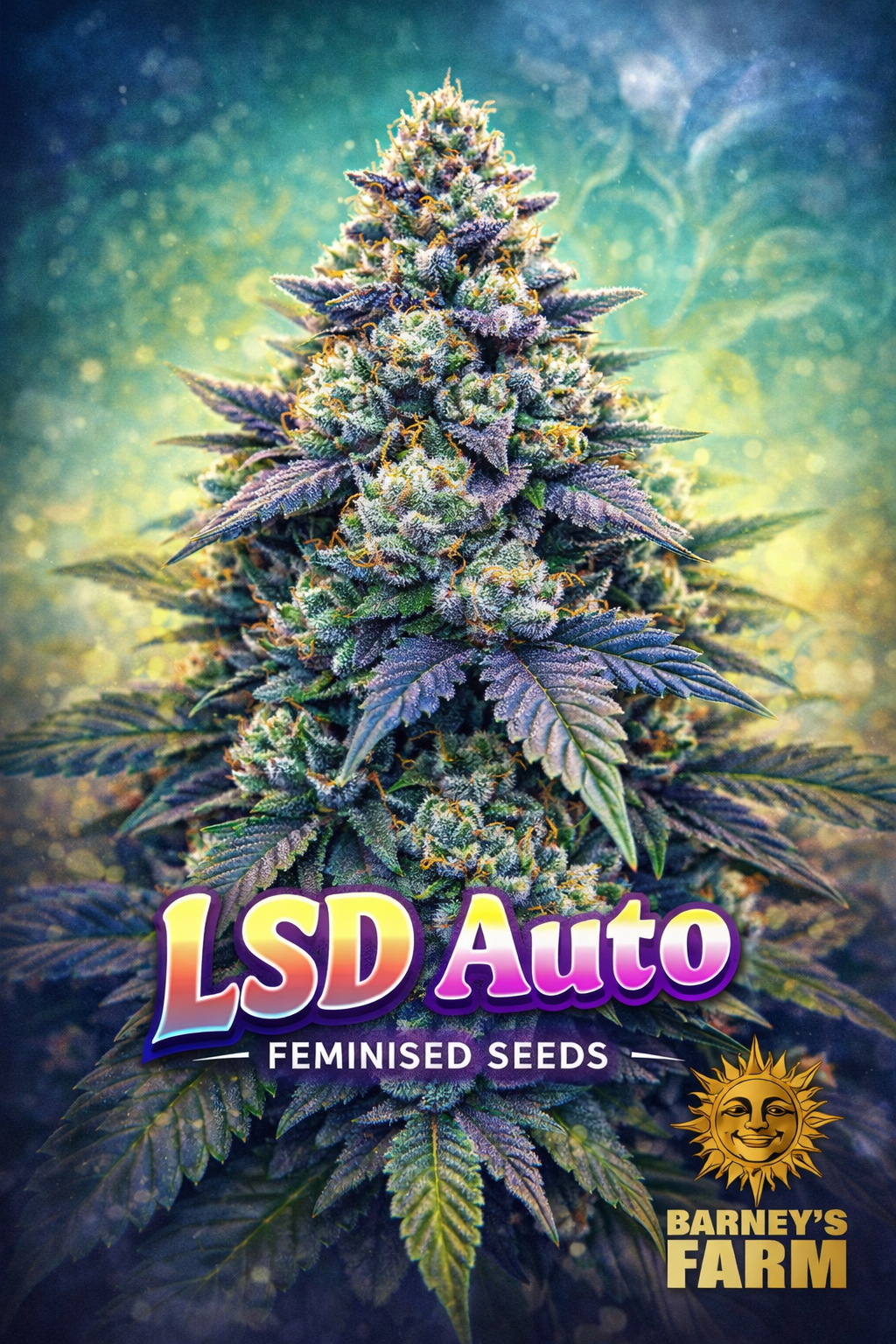 Hyper-realistic close-up of a dense, frosty LSD Auto cannabis plant with purple-green buds and bright orange pistils, set against a swirling teal-yellow psychedelic haze. Bold “LSD Auto Feminised Seeds” text appears at the bottom with the Barney’s Farm logo beside it.