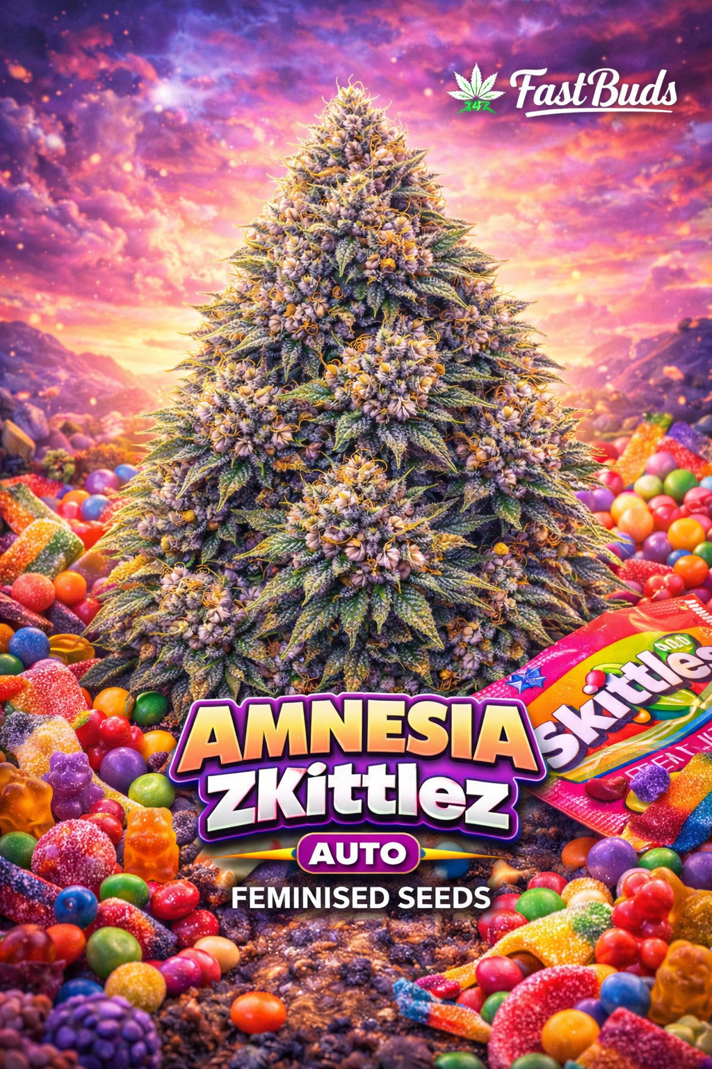 Hyper-realistic promotional artwork for Amnesia Zkittlez Auto Feminised Seeds by Fast Buds, featuring a dense, frosty cannabis plant silhouette surrounded by colourful candy pieces and a dramatic sunset sky, with bold strain text and the Fast Buds logo displayed.
