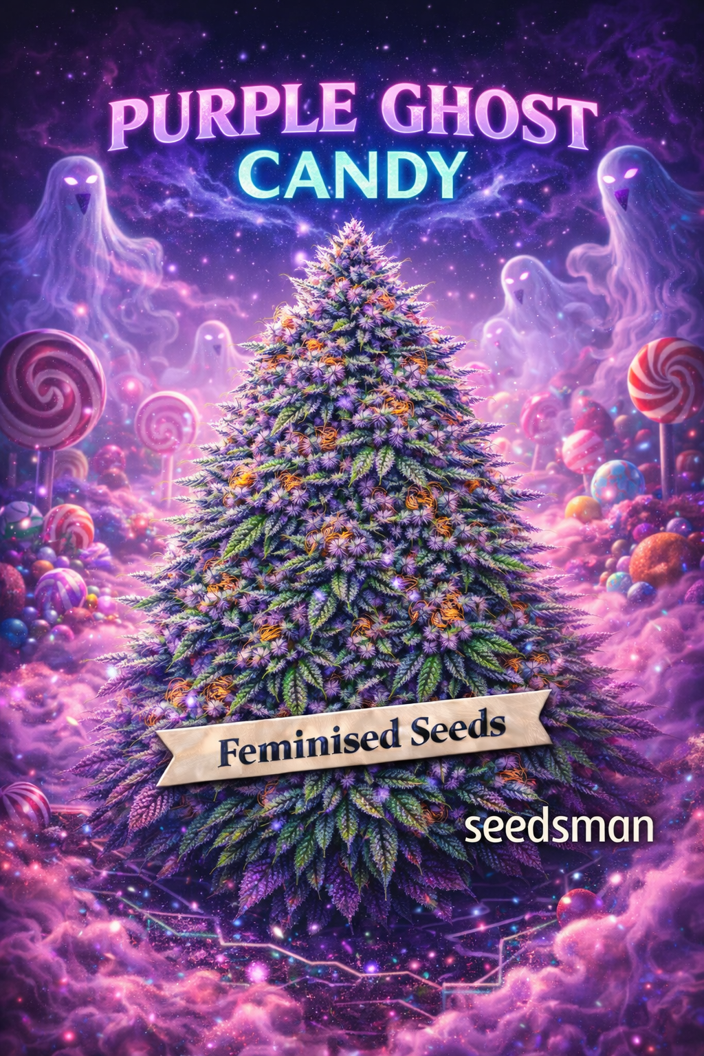 Hyper-realistic promotional artwork of “Purple Ghost Candy Feminised Seeds – Seedsman,” featuring a dense cannabis plant with deep purple and green buds, frosty trichomes, and bright orange pistils. The background is a vibrant candy-land scene with glowing lollipops, colourful sweets, pink clouds, and soft purple fog. Ghostly purple figures float in the mist behind the plant. Bold neon “Purple Ghost Candy” text, a “Feminised Seeds” banner, and the Seedsman logo are included. No grow equipment shown.
