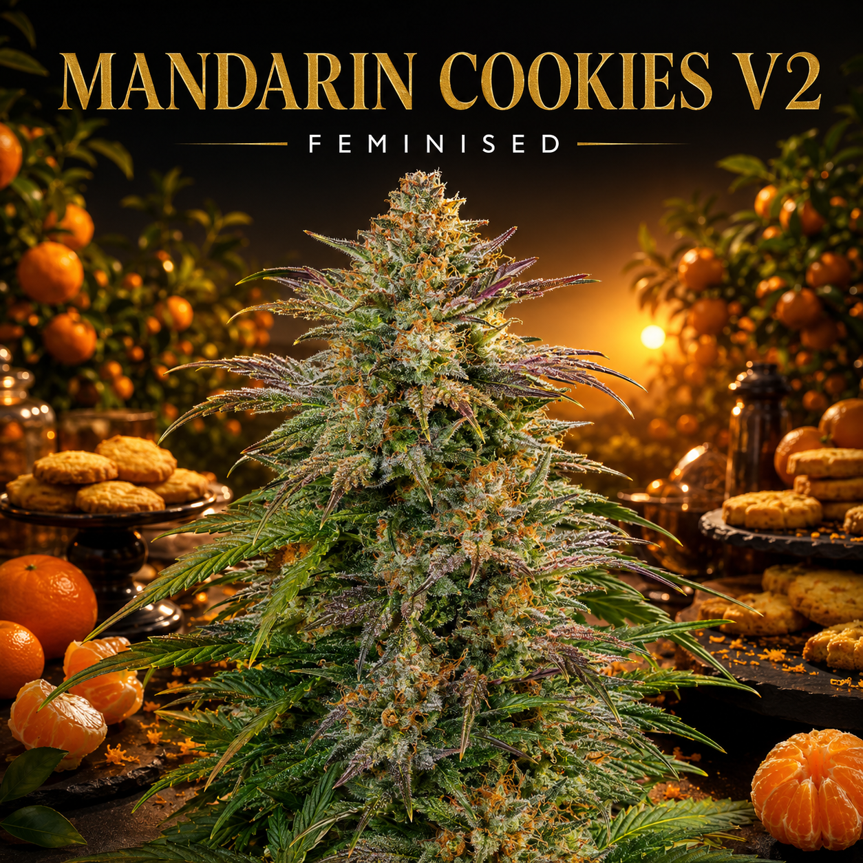 A large, heavily trichome-covered cannabis bud plant centered in a styled scene with oranges, cookies, and warm lighting. Gold text at the top reads 'MANDARIN COOKIES V2' and 'FEMINISED'.