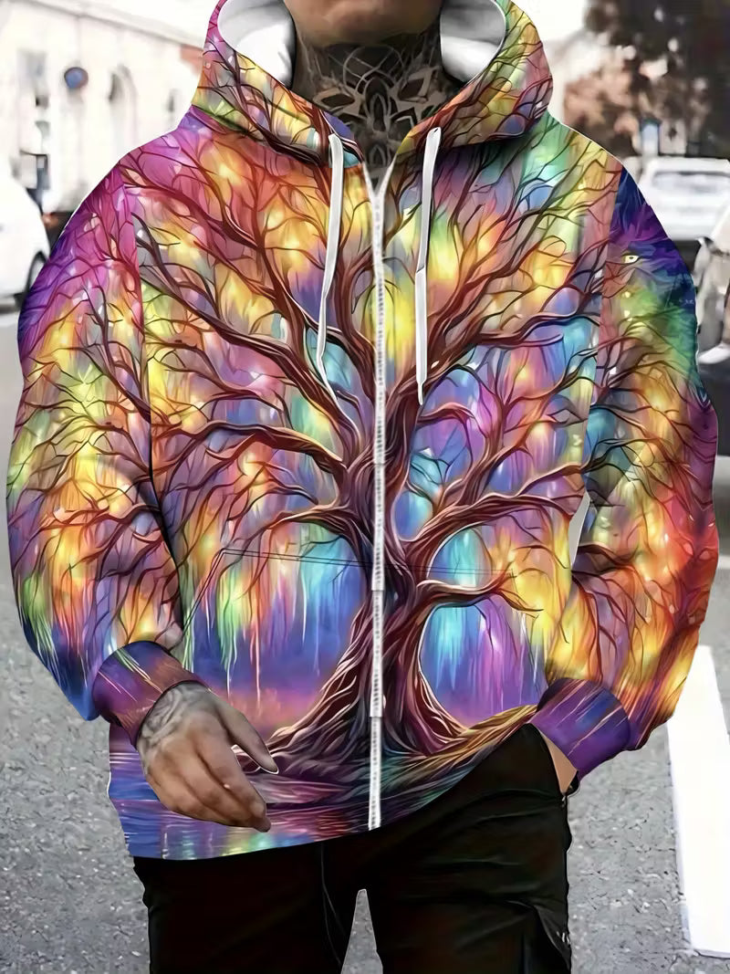 nice Psychedelic rainbow tree zip hoodie with glowing forest reflection festival design