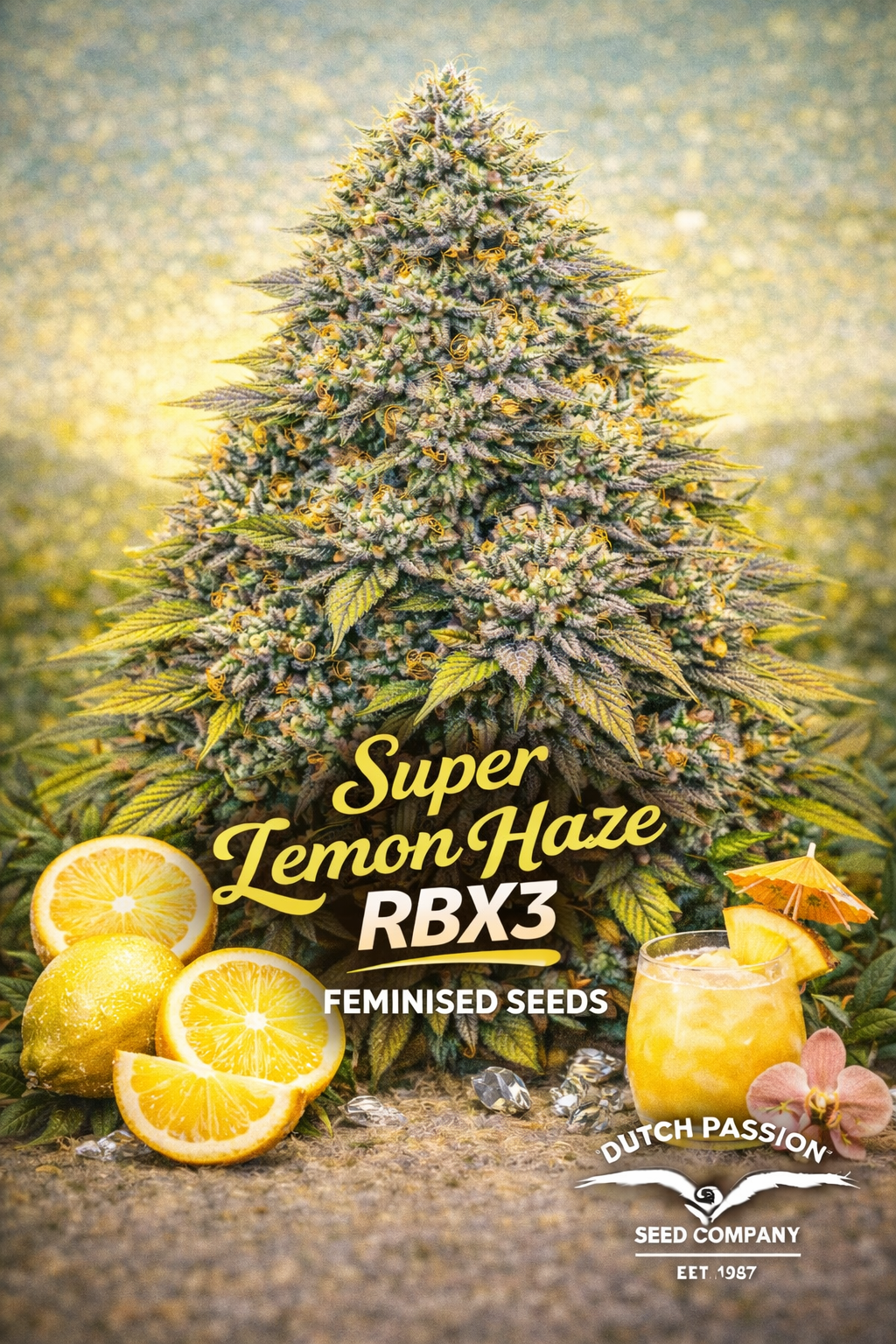 Hyper-realistic promotional artwork of Super Lemon Haze RBX3 cannabis plant with dense frosty buds in green, yellow, and citrus-toned colours, set against a soft yellow-blue background. Fresh lemons, lemon slices, a citrus cocktail, and subtle gemstones appear at the bottom. Bold yellow and white strain name text and breeder branding are clearly displayed.